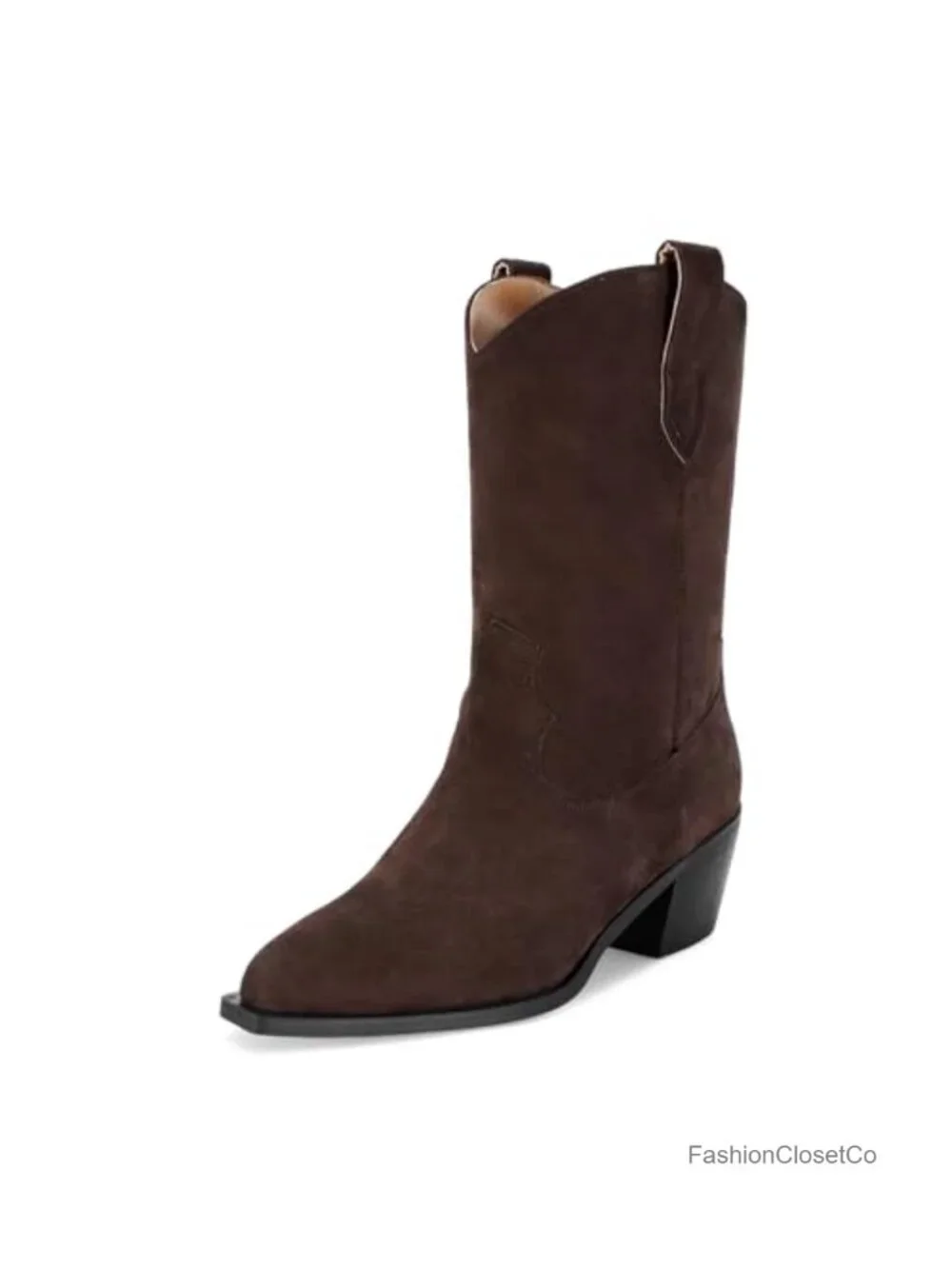 Suede Cowboy Boots Pointed Toe Mid-Calf Western Chunky Heel Pull On Fashion